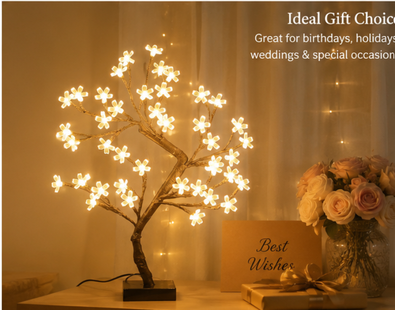17 Inch Cherry Blossom Tree Light with 40 LED Warm White Flowers – USB Powered Artificial Bonsai Tree Lamp, Adjustable Branches, Lighted Tabletop Decorative Tree, Night Light for Bedroom, Living Room, Office, Home Decor, Wedding, Holiday & Gift
