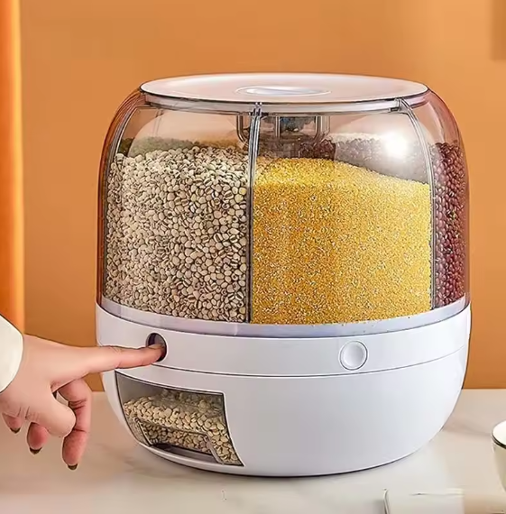 360 degree rotating grain and rice dispenser with clear dome lid and multiple compartments on white base