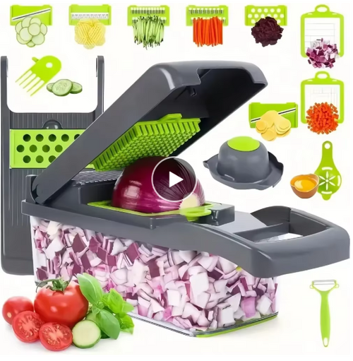 14-in-1 vegetable chopper and mandoline slicer set with multiple blade attachments and large catch container