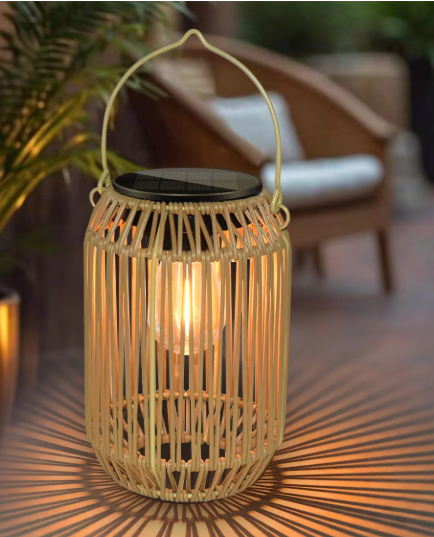 Solar boho rattan hanging lantern with warm LED glow for outdoor garden yard and patio decoration