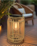 Solar boho rattan hanging lantern with warm LED glow for outdoor garden yard and patio decoration