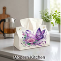 DIY Diamond Art Tissue Box Holder with Purple Butterfly and Rose Crystal Mosaic Design on kitchen counter