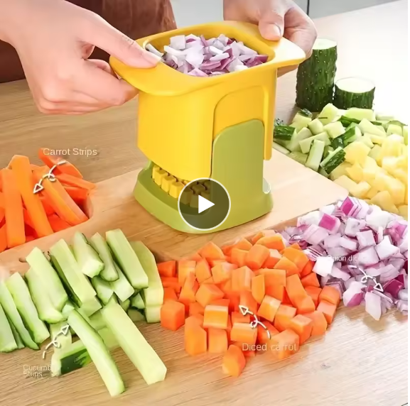 Multifunctional vegetable chopper showing diced onions, carrot strips, cucumber slices and French fries cuts on a wooden board