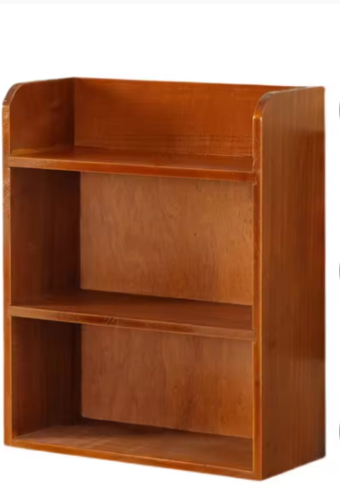 3-Tier Retro Desktop Wooden Storage Rack with curved top panel in warm honey-toned wood finish