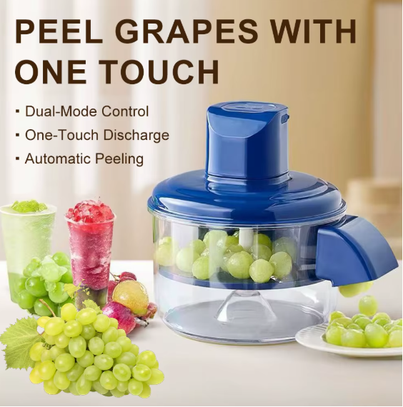 Cordless automatic rotary fruit and vegetable peeler with blue lid and clear bowl filled with grapes