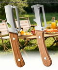 Multi-functional stainless steel peeler with wooden handle displayed outdoors on a picnic table