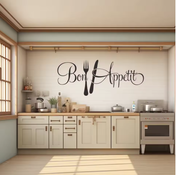 Bon Appetit wall sticker with fork and knife design displayed on a kitchen wall above white cabinets