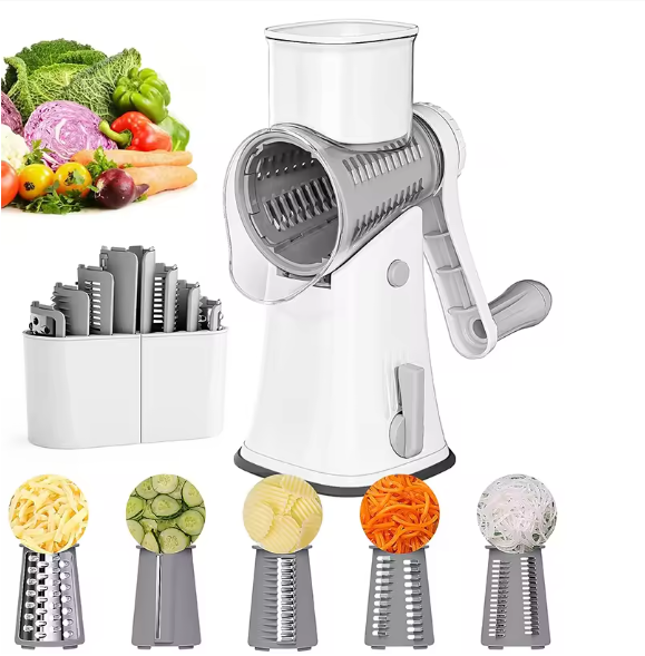 5-in-1 rotary cheese and vegetable grater with five interchangeable drum blades and suction cup base