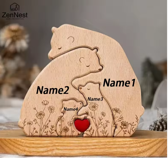Personalised wooden bear family puzzle with four custom name slots and a red heart, displayed on a wood base