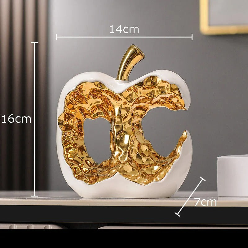 Luxury Gold Hollow Apple Ceramic Sculpture – Modern Decorative Apple Statue for Living Room, Office Desk, Shelf & Home Decor