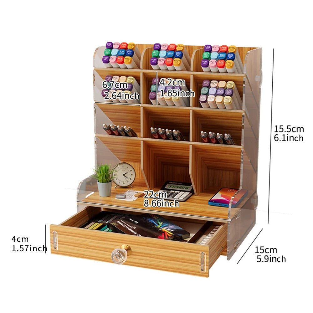 Marker Pen Storage Organizer with Drawer – Multi-Compartment Desktop Pen HolderMarker Pen Storage Organizer with Drawer – Multi-Compartment Desktop Pen Holder for Markers, Pencils & Art Supplies, Wooden Grain/White Stationery Desk Organizer