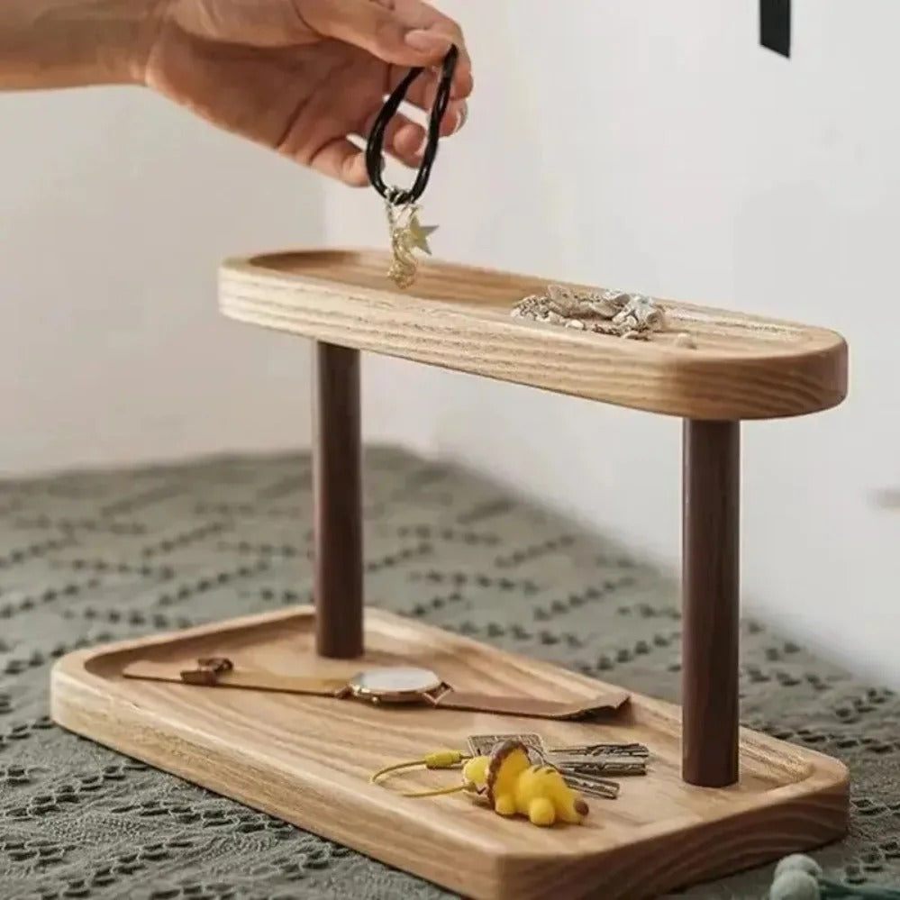 Wooden Double-Layer Tray Storage Rack – Desktop Cosmetics, Jewellery & Key Organiser