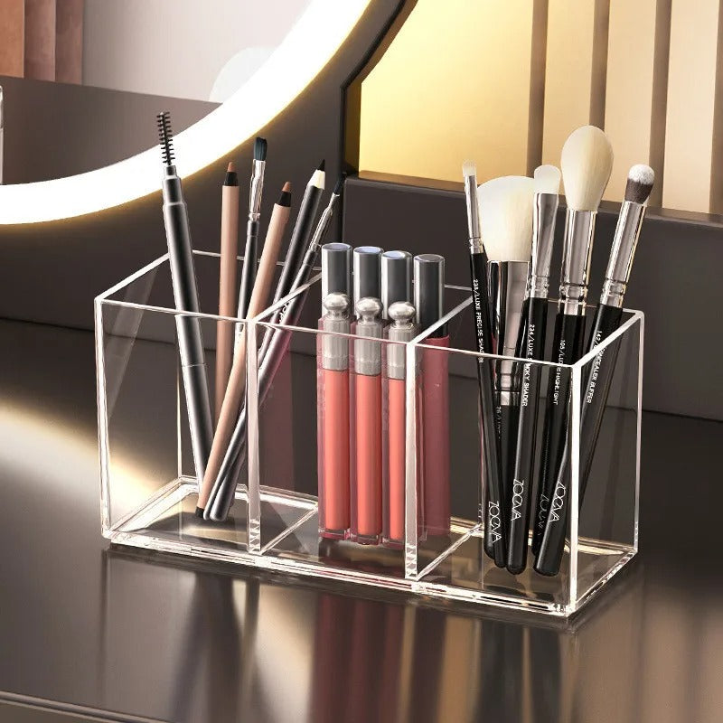 Clear Acrylic Makeup Organizer with Compartments | Makeup Brush Holder, Lipstick Organizer, Vanity Storage for Cosmetics & Skincare