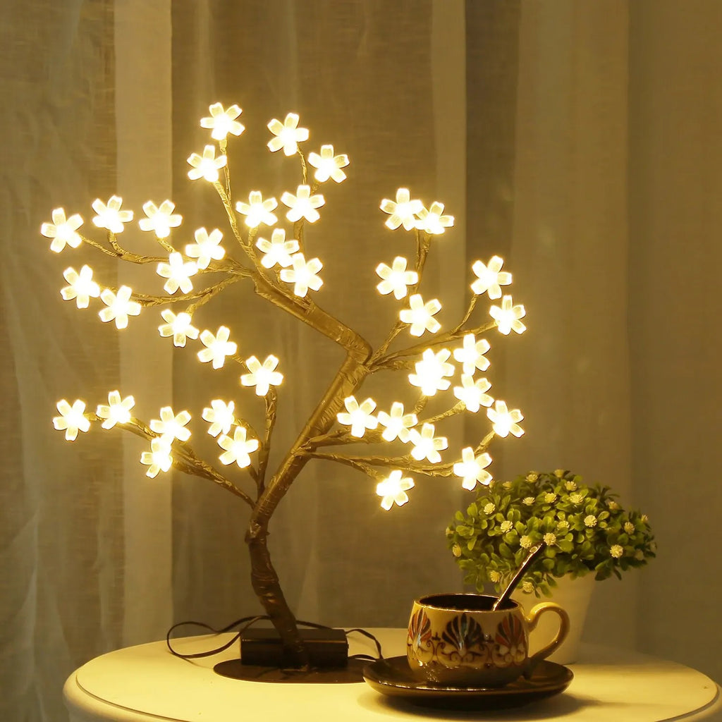 17 Inch Cherry Blossom Tree Light with 40 LED Warm White Flowers – USB Powered Artificial Bonsai Tree Lamp, Adjustable Branches, Lighted Tabletop Decorative Tree, Night Light for Bedroom, Living Room, Office, Home Decor, Wedding, Holiday & Gift