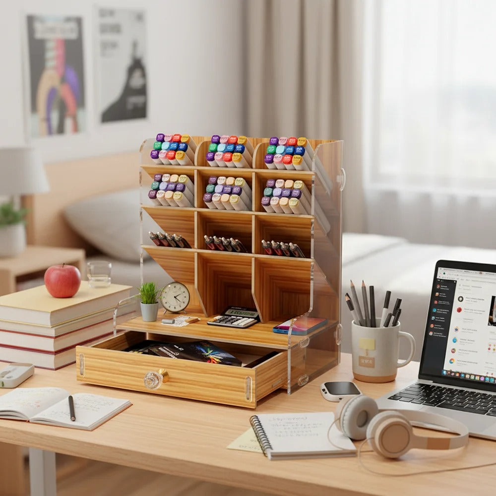 Marker Pen Storage Organizer with Drawer – Multi-Compartment Desktop Pen HolderMarker Pen Storage Organizer with Drawer – Multi-Compartment Desktop Pen Holder for Markers, Pencils & Art Supplies, Wooden Grain/White Stationery Desk Organizer