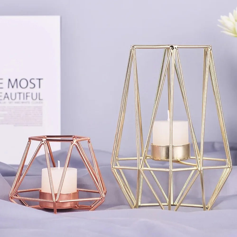 Modern Geometric Metal Candle Holder Set | Gold & Rose Gold Tealight Candle Lantern | Nordic Minimalist Table Centerpiece | Decorative Home Decor for Living Room, Bedroom, Dining Table, Wedding & Christmas