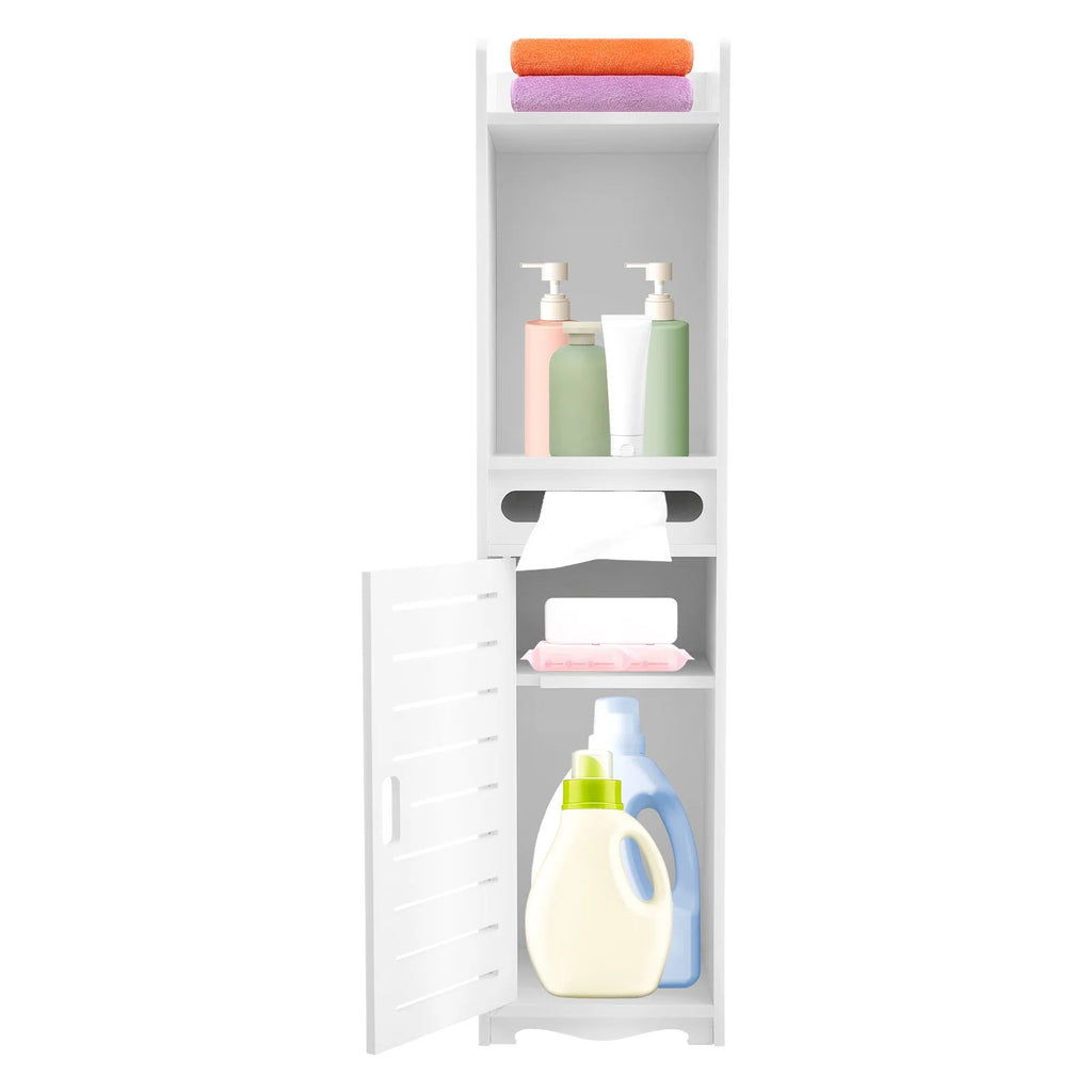 Slim PVC Bathroom Storage Cabinet with Tissue Holder – 20×20×80cm Freestanding Narrow Gap Storage Organizer, Space Saving Floor Cabinet with Open Shelves, Slatted Door, Toilet Paper Storage, Bathroom Corner Cabinet for Home, Laundry Room & Kitchen