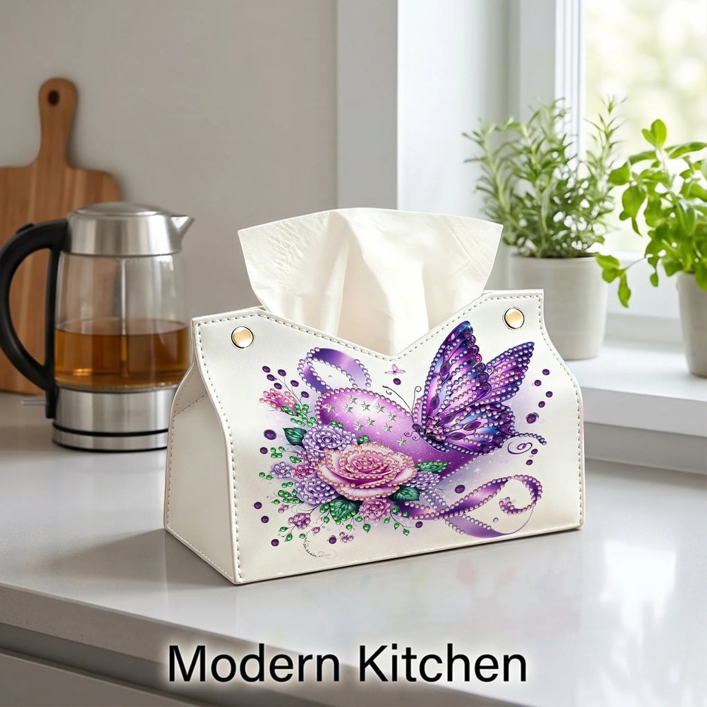 DIY Diamond Painting Tissue Box Holder with Purple Butterfly Design – PU Leather Crystal Rhinestone Mosaic Tissue Box Cover, Resin Gem Art Desktop Organizer, Decorative Tissue Storage Case for Home Office Living Room, Handmade Craft Gift for Women