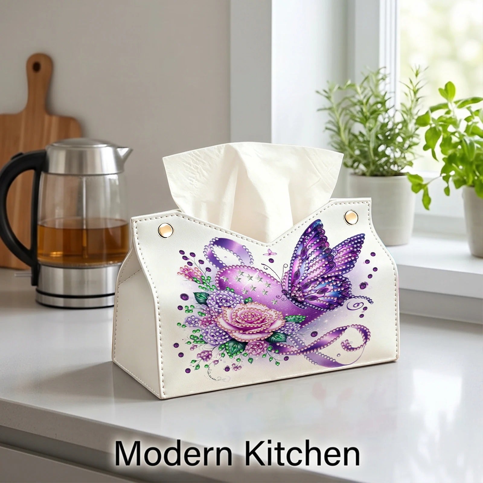 DIY Diamond Painting Tissue Box Holder with Purple Butterfly Design – PU Leather Crystal Rhinestone Mosaic Tissue Box Cover, Resin Gem Art Desktop Organizer, Decorative Tissue Storage Case for Home Office Living Room, Handmade Craft Gift for Women