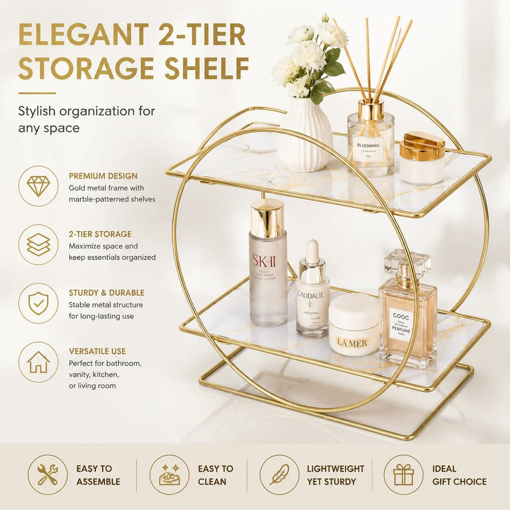 2-Tier Gold Metal Storage Shelf with Marble Pattern Shelves | Modern Bathroom Counter Organizer | Vanity Organizer | Kitchen Counter Storage Rack | Bedroom & Living Room Display Shelf | Luxury Cosmetic & Perfume Organizer