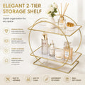 2-Tier Gold Metal Storage Shelf with Marble Pattern Shelves | Modern Bathroom Counter Organizer | Vanity Organizer | Kitchen Counter Storage Rack | Bedroom & Living Room Display Shelf | Luxury Cosmetic & Perfume Organizer