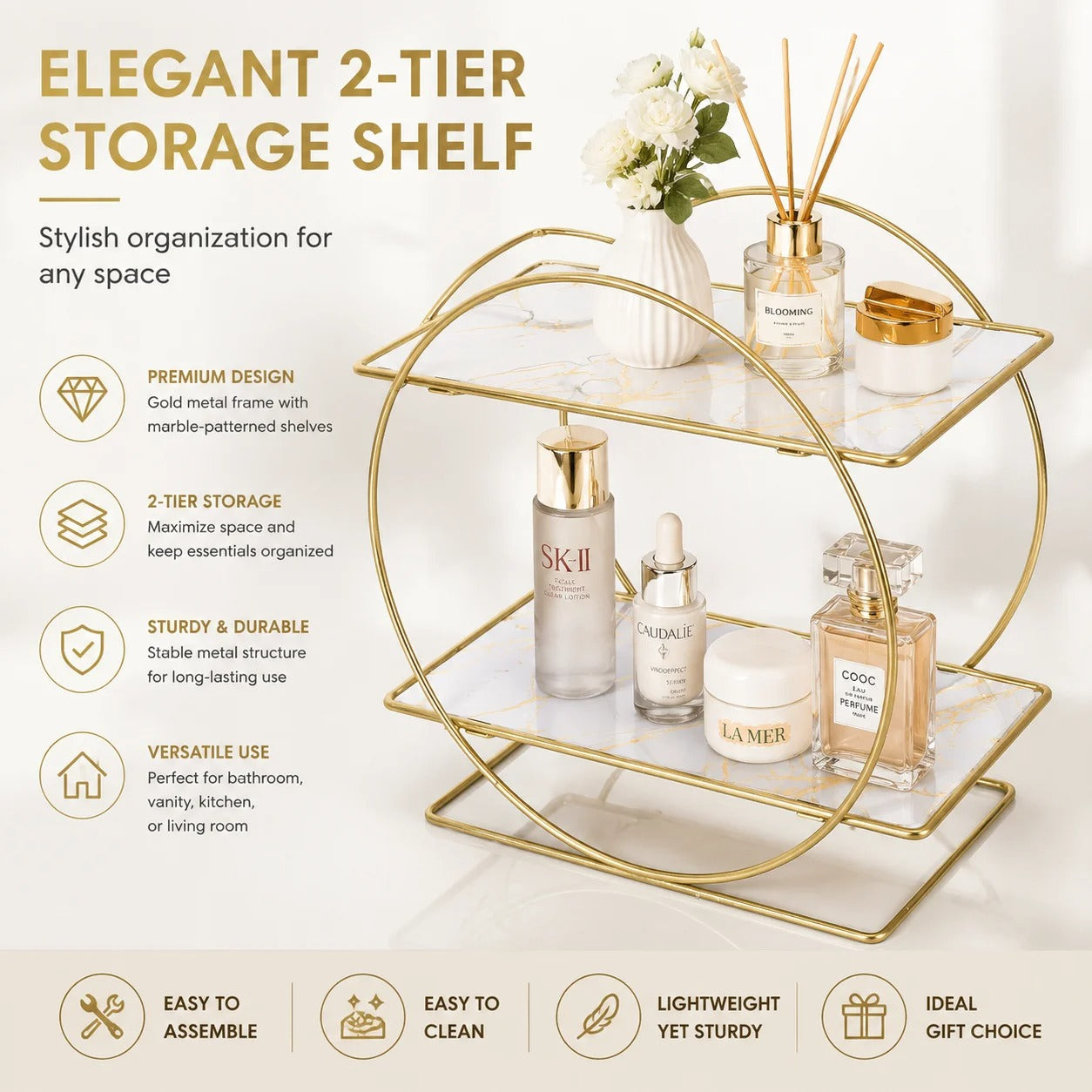 2-Tier Gold Metal Storage Shelf with Marble Pattern Shelves | Modern Bathroom Counter Organizer | Vanity Organizer | Kitchen Counter Storage Rack | Bedroom & Living Room Display Shelf | Luxury Cosmetic & Perfume Organizer