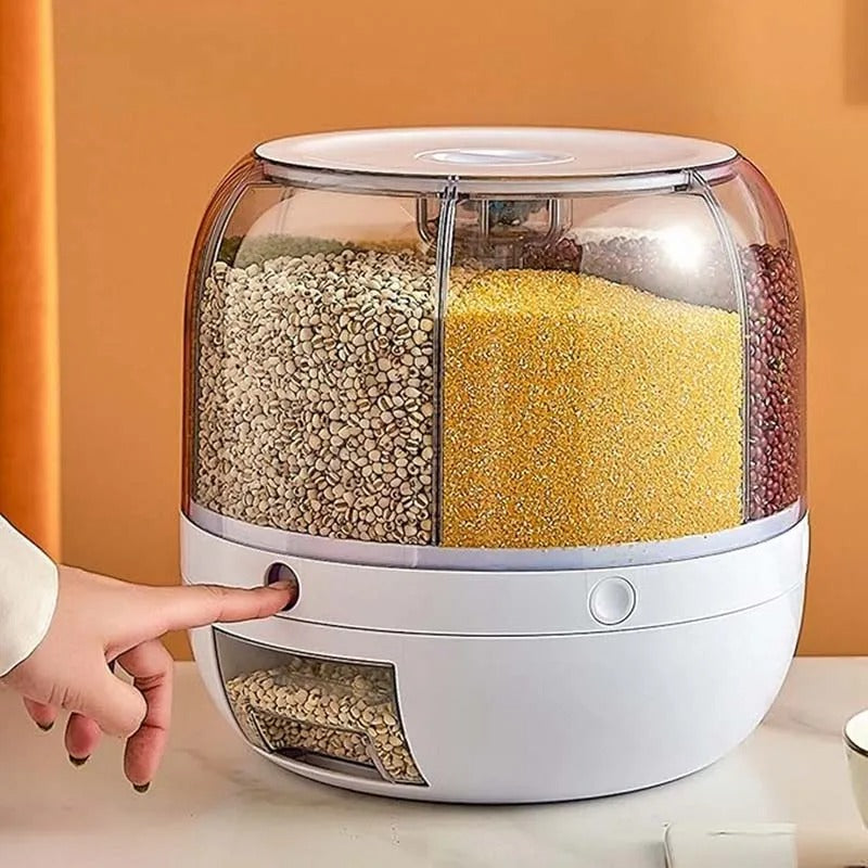 360° Rotating 6-Grid Grain Dispenser – Airtight Rice Storage Container with One-Touch Dispensing, Moisture-Proof Food Storage Organizer for Rice, Beans, Cereal & Dry Foods