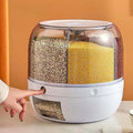 360° Rotating 6-Grid Grain Dispenser – Airtight Rice Storage Container with One-Touch Dispensing, Moisture-Proof Food Storage Organizer for Rice, Beans, Cereal & Dry Foods