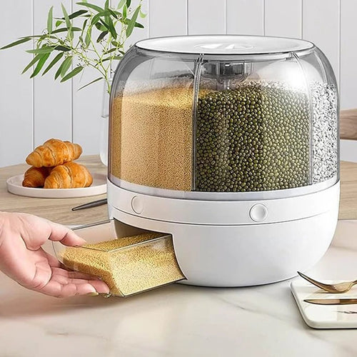 360° Rotating 6-Grid Grain Dispenser – Airtight Rice Storage Container with One-Touch Dispensing, Moisture-Proof Food Storage Organizer for Rice, Beans, Cereal & Dry Foods
