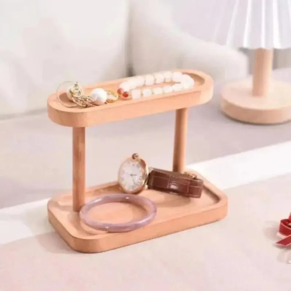 Wooden Double-Layer Tray Storage Rack – Desktop Cosmetics, Jewellery & Key Organiser
