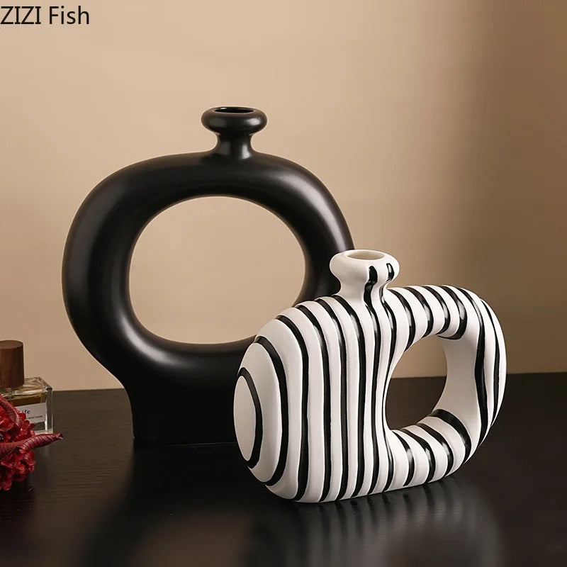Modern Zebra Stripe Ceramic Vase – Decorative Flower Vase for Artificial Flowers, Pampas Grass, Living Room, Bedroom & Office Table Deco