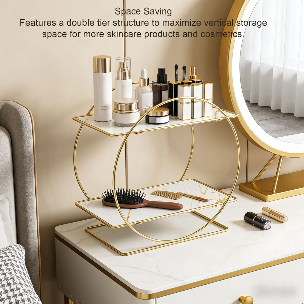 2-Tier Gold Metal Storage Shelf with Marble Pattern Shelves | Modern Bathroom Counter Organizer | Vanity Organizer | Kitchen Counter Storage Rack | Bedroom & Living Room Display Shelf | Luxury Cosmetic & Perfume Organizer