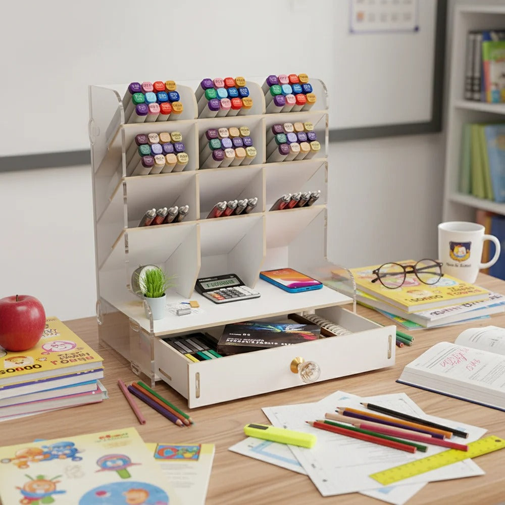 Marker Pen Storage Organizer with Drawer – Multi-Compartment Desktop Pen HolderMarker Pen Storage Organizer with Drawer – Multi-Compartment Desktop Pen Holder for Markers, Pencils & Art Supplies, Wooden Grain/White Stationery Desk Organizer