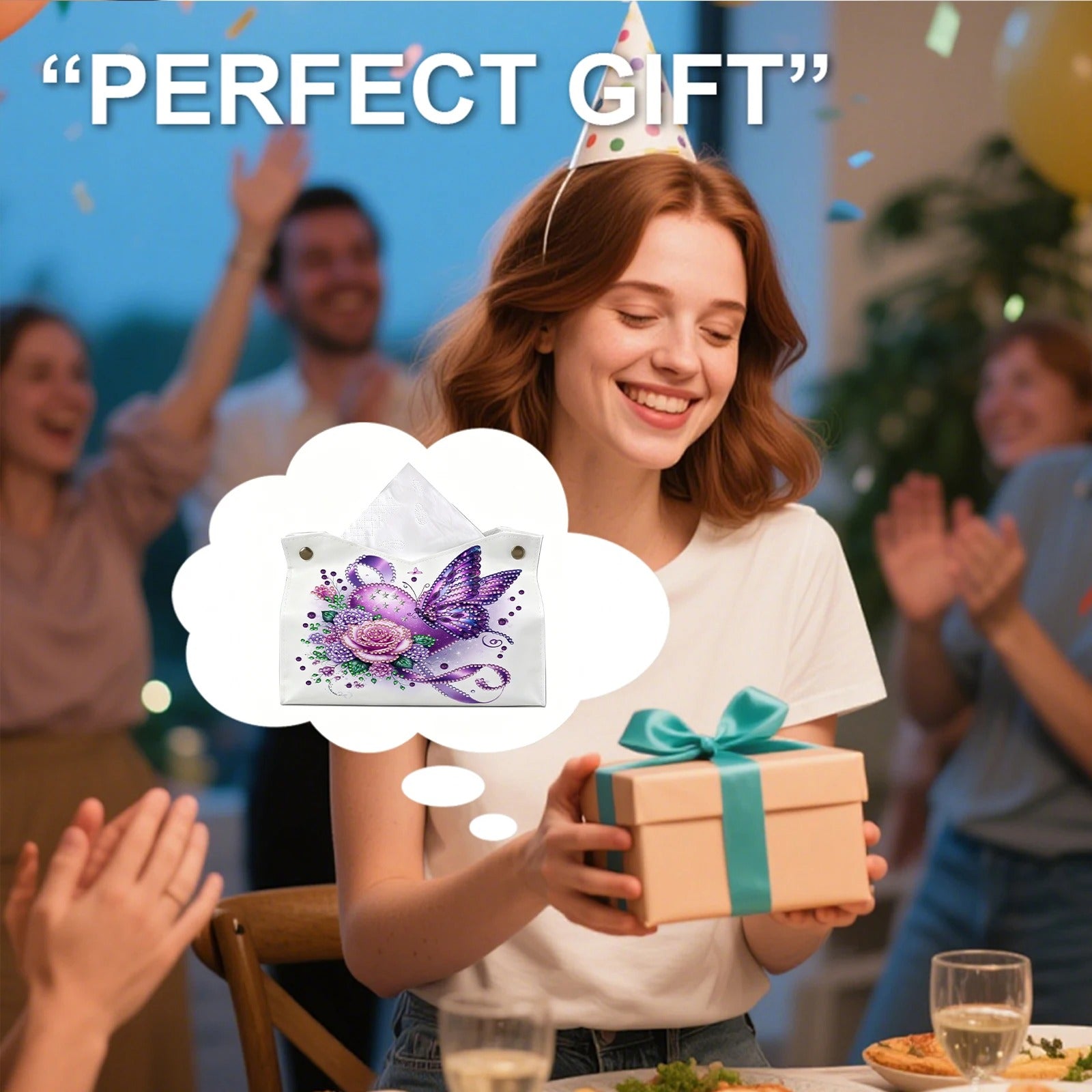 DIY Diamond Painting Tissue Box Holder with Purple Butterfly Design – PU Leather Crystal Rhinestone Mosaic Tissue Box Cover, Resin Gem Art Desktop Organizer, Decorative Tissue Storage Case for Home Office Living Room, Handmade Craft Gift for Women