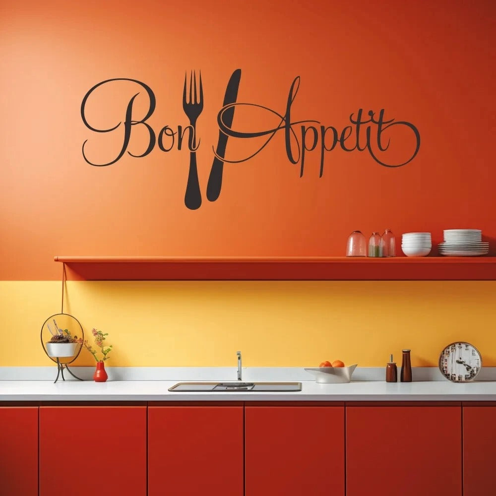 Bon Appétit Kitchen Wall Sticker with Fork & Knife – Removable Vinyl Wall Decal for Dining Room, Kitchen, Restaurant & Cafe Decor