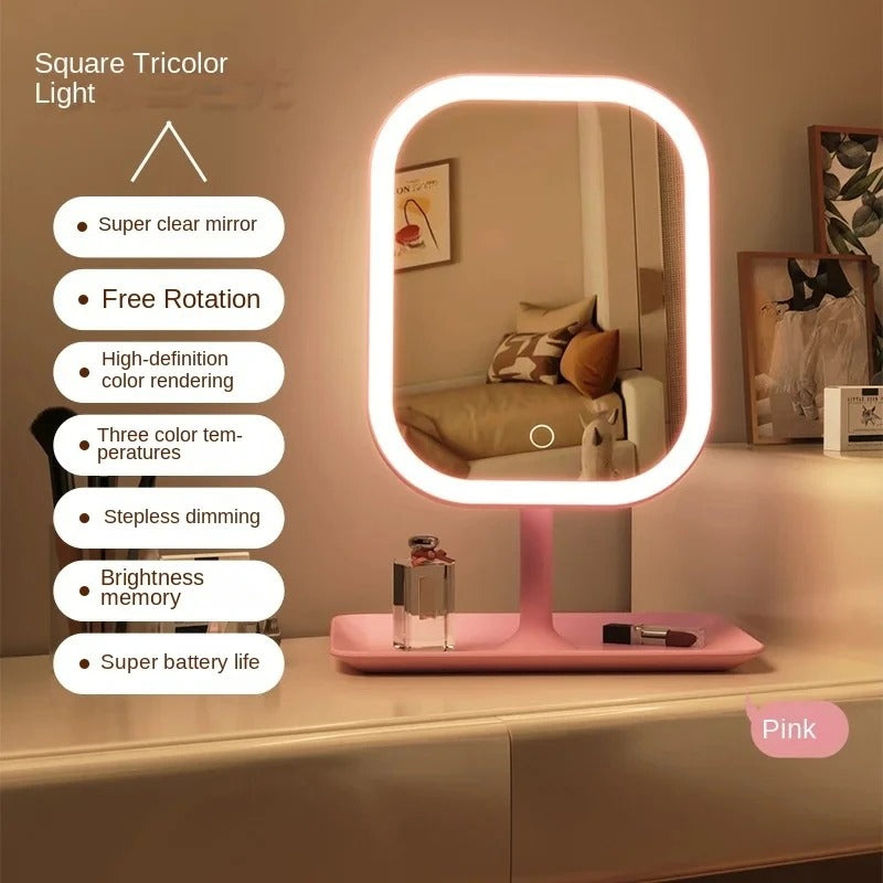 LED Lighted Vanity Makeup Mirror with Touch Sensor & Storage Tray | Dimmable Desktop Cosmetic Mirror | Hollywood Beauty Mirror | Skincare, Makeup & Dressing Table Mirror for Bedroom Bathroom Vanity Desk