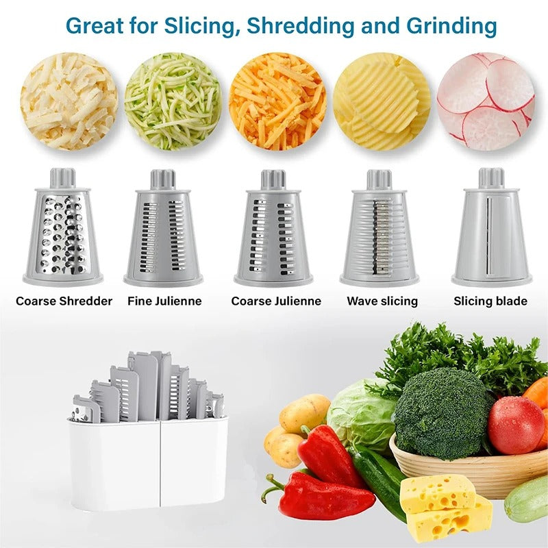 5-in-1 Rotary Cheese Grater & Vegetable Slicer – Manual Mandoline Shredder, Julienne Cutter, Waffle Slicer, Nut Chopper for Cheese, Vegetables & Kitchen Food Prep