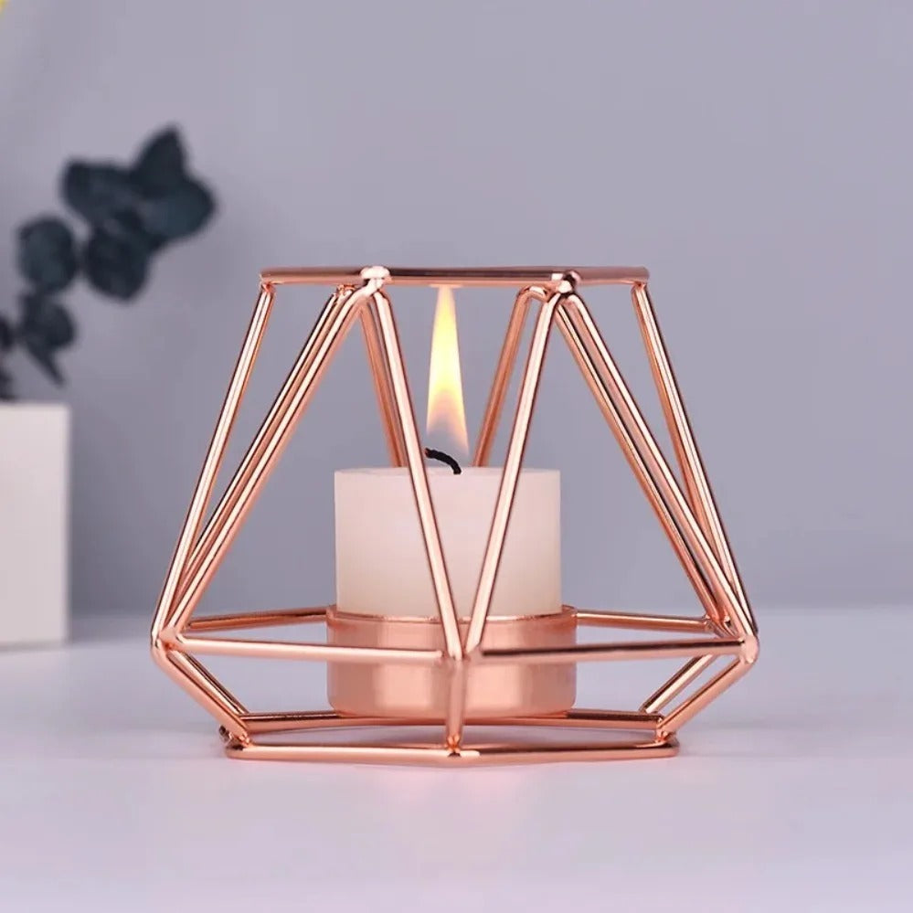 Modern Geometric Metal Candle Holder Set | Gold & Rose Gold Tealight Candle Lantern | Nordic Minimalist Table Centerpiece | Decorative Home Decor for Living Room, Bedroom, Dining Table, Wedding & Christmas