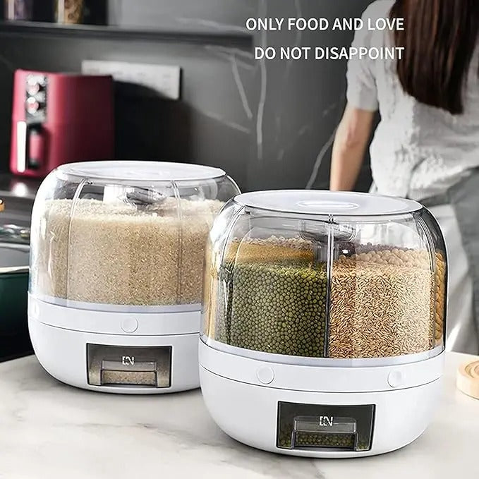 360° Rotating 6-Grid Grain Dispenser – Airtight Rice Storage Container with One-Touch Dispensing, Moisture-Proof Food Storage Organizer for Rice, Beans, Cereal & Dry Foods