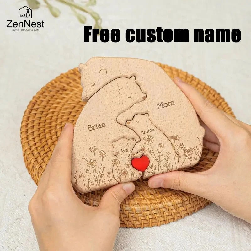 Personalised Wooden Bear Family Puzzle – Custom Name Keepsake Gift