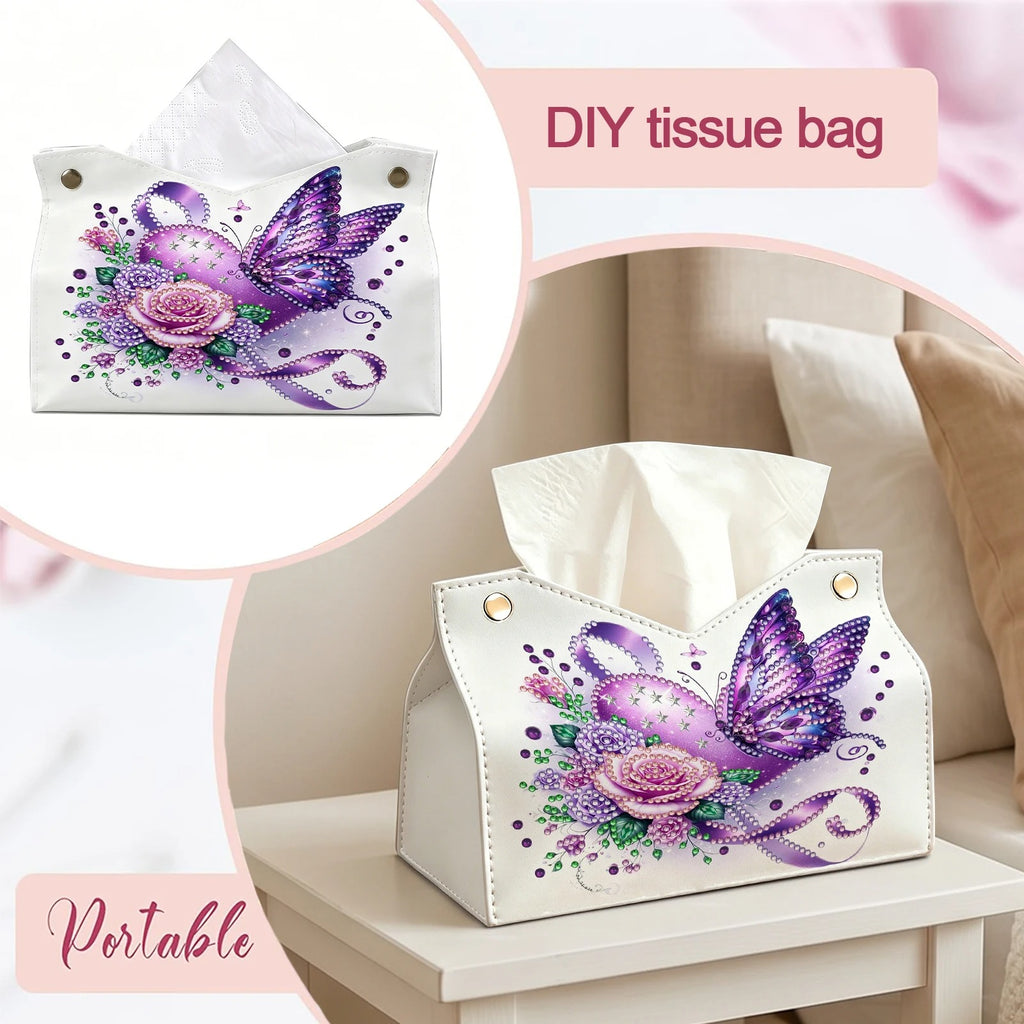 DIY Diamond Painting Tissue Box Holder with Purple Butterfly Design – PU Leather Crystal Rhinestone Mosaic Tissue Box Cover, Resin Gem Art Desktop Organizer, Decorative Tissue Storage Case for Home Office Living Room, Handmade Craft Gift for Women
