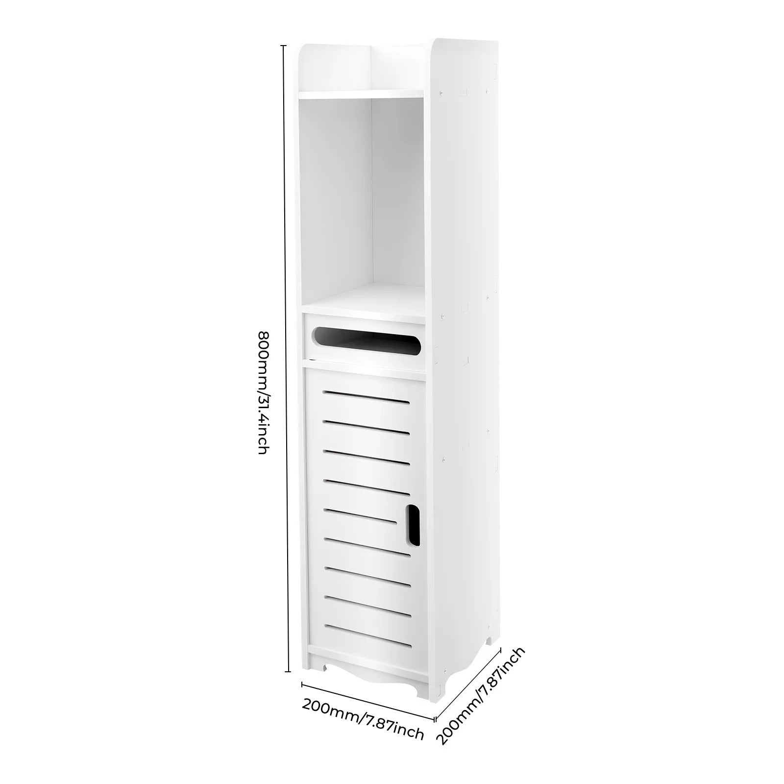 Slim PVC Bathroom Storage Cabinet with Tissue Holder – 20×20×80cm Freestanding Narrow Gap Storage Organizer, Space Saving Floor Cabinet with Open Shelves, Slatted Door, Toilet Paper Storage, Bathroom Corner Cabinet for Home, Laundry Room & Kitchen