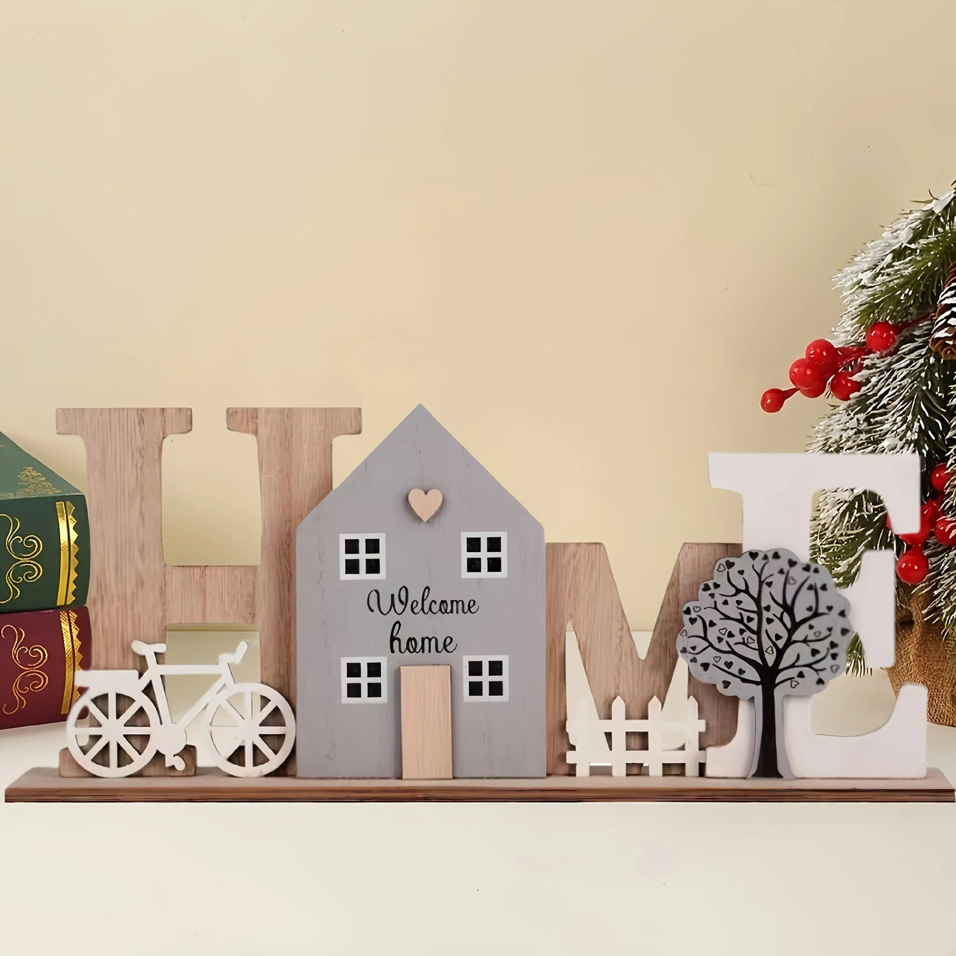 Rustic Wooden HOME Sign Decor with House, Bicycle & Tree – Farmhouse Tabletop Ornament for Living Room, Bedroom, Entryway & Home Shelf Decoration