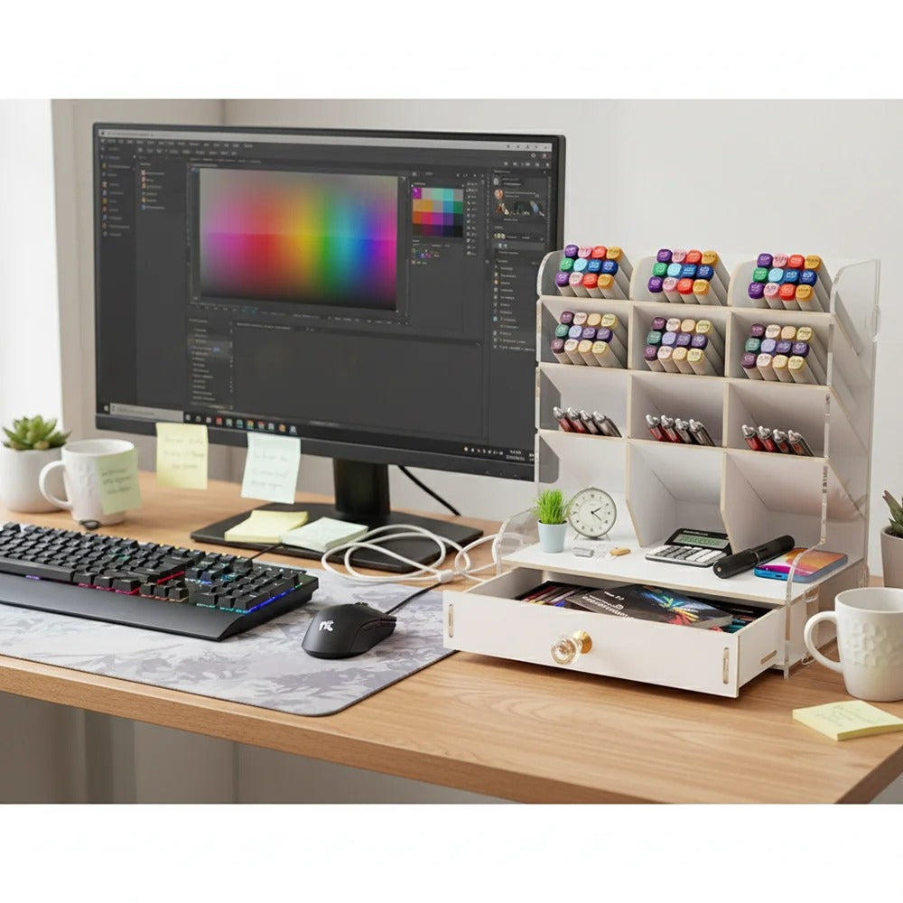 Marker Pen Storage Organizer with Drawer – Multi-Compartment Desktop Pen HolderMarker Pen Storage Organizer with Drawer – Multi-Compartment Desktop Pen Holder for Markers, Pencils & Art Supplies, Wooden Grain/White Stationery Desk Organizer