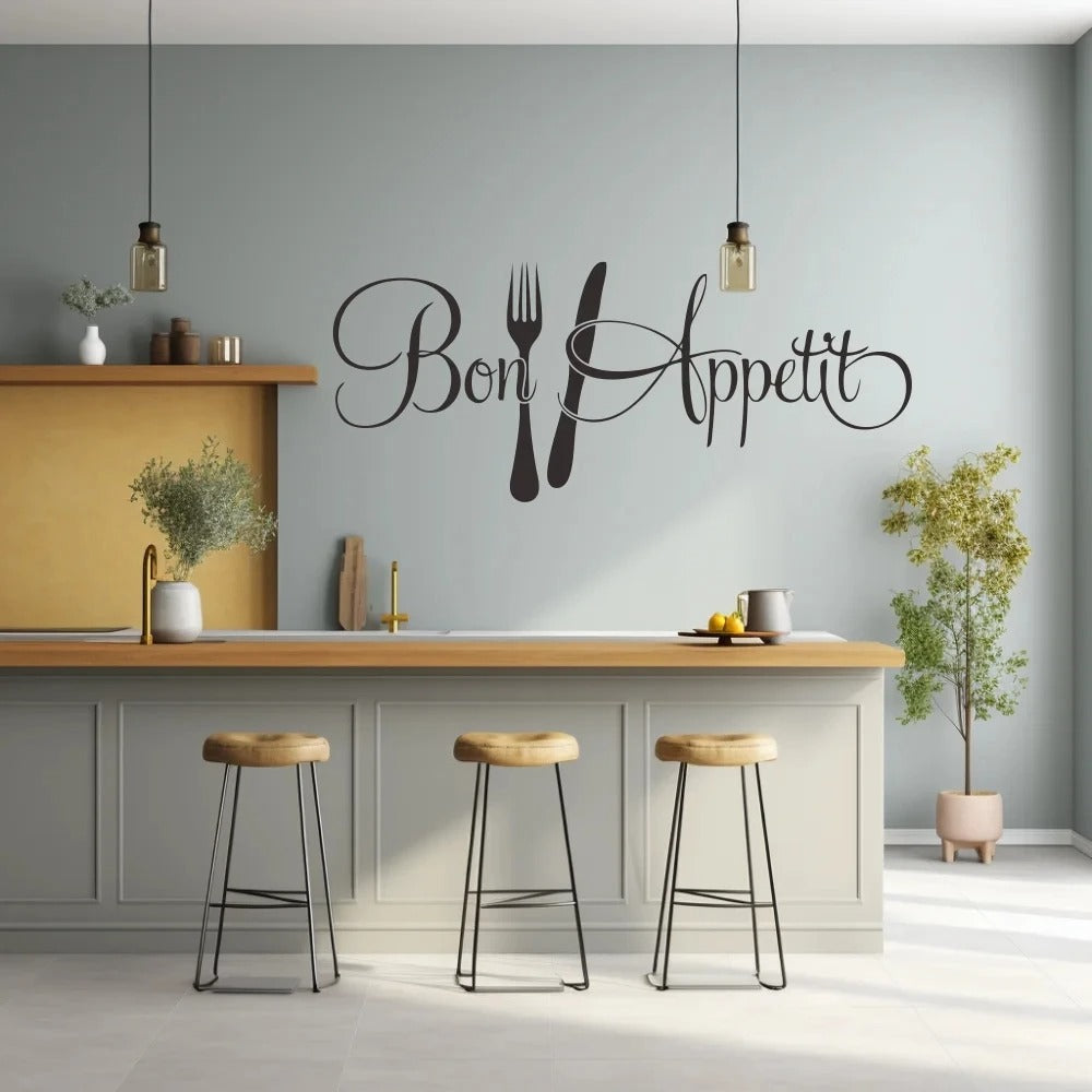 Bon Appétit Kitchen Wall Sticker with Fork & Knife – Removable Vinyl Wall Decal for Dining Room, Kitchen, Restaurant & Cafe Decor