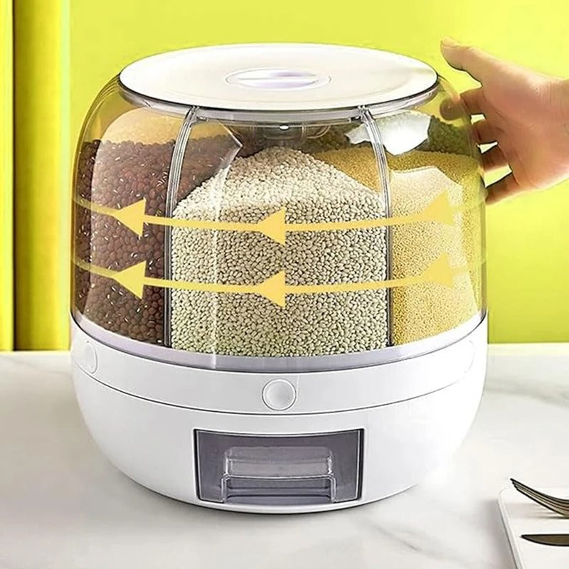 360° Rotating 6-Grid Grain Dispenser – Airtight Rice Storage Container with One-Touch Dispensing, Moisture-Proof Food Storage Organizer for Rice, Beans, Cereal & Dry Foods