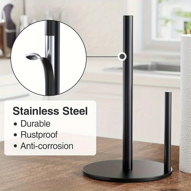 Stainless Steel Paper Towel Holder for Kitchen Countertop – Heavy-Duty Weighted Base Roll Dispenser, Freestanding No-Drill Paper Towel Stand for Bathroom, Dining Table & Kitchen Organization