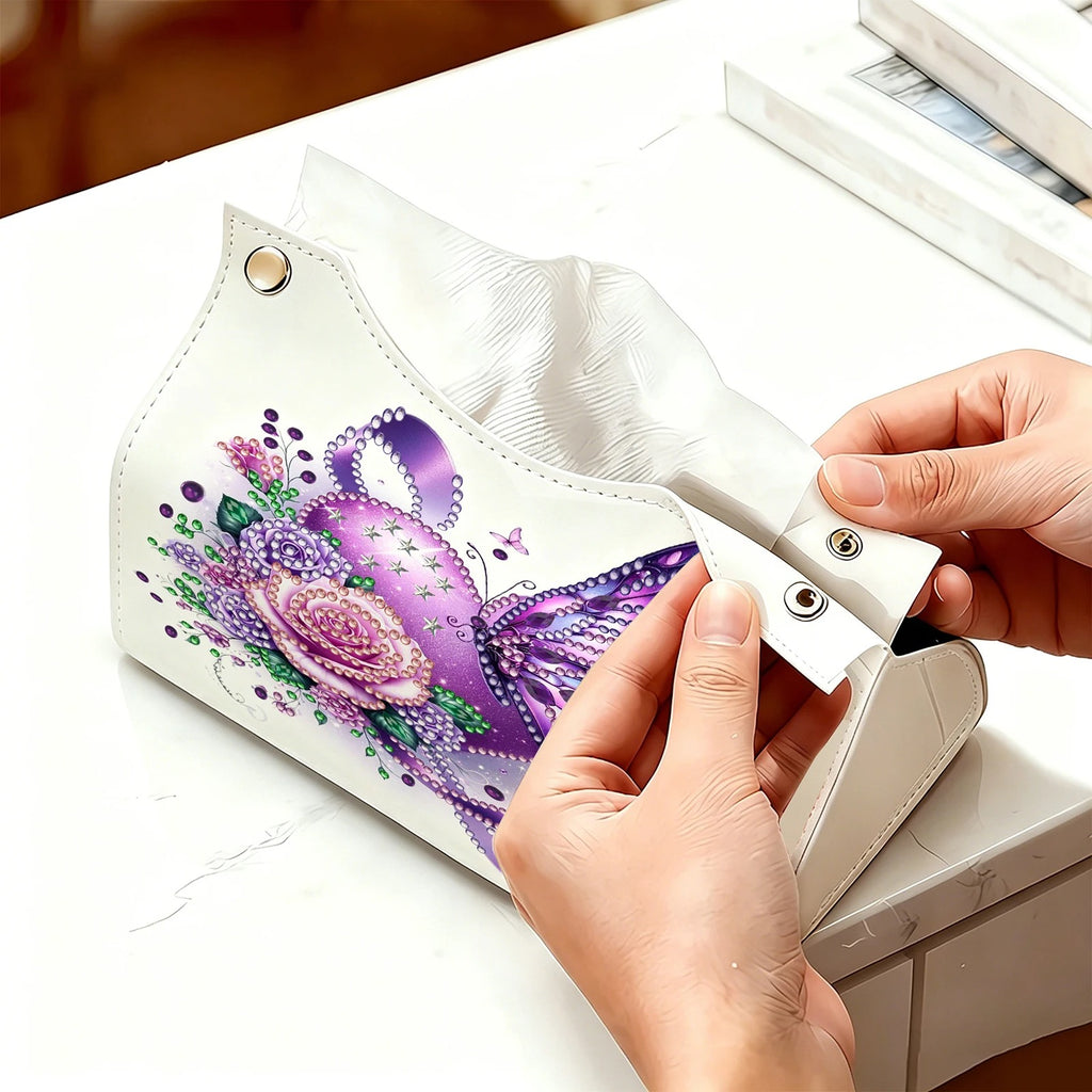 DIY Diamond Painting Tissue Box Holder with Purple Butterfly Design – PU Leather Crystal Rhinestone Mosaic Tissue Box Cover, Resin Gem Art Desktop Organizer, Decorative Tissue Storage Case for Home Office Living Room, Handmade Craft Gift for Women