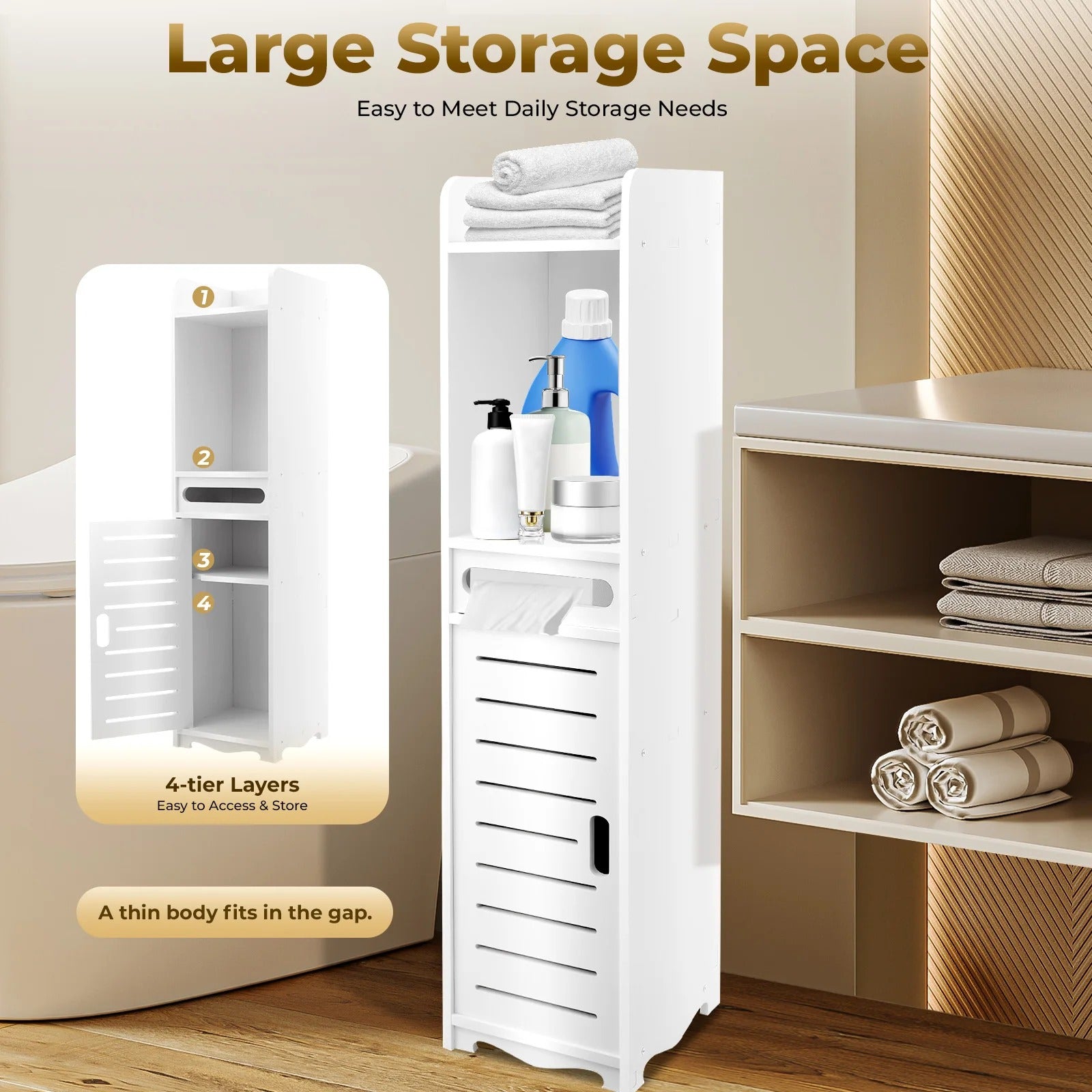 Slim PVC Bathroom Storage Cabinet with Tissue Holder – 20×20×80cm Freestanding Narrow Gap Storage Organizer, Space Saving Floor Cabinet with Open Shelves, Slatted Door, Toilet Paper Storage, Bathroom Corner Cabinet for Home, Laundry Room & Kitchen
