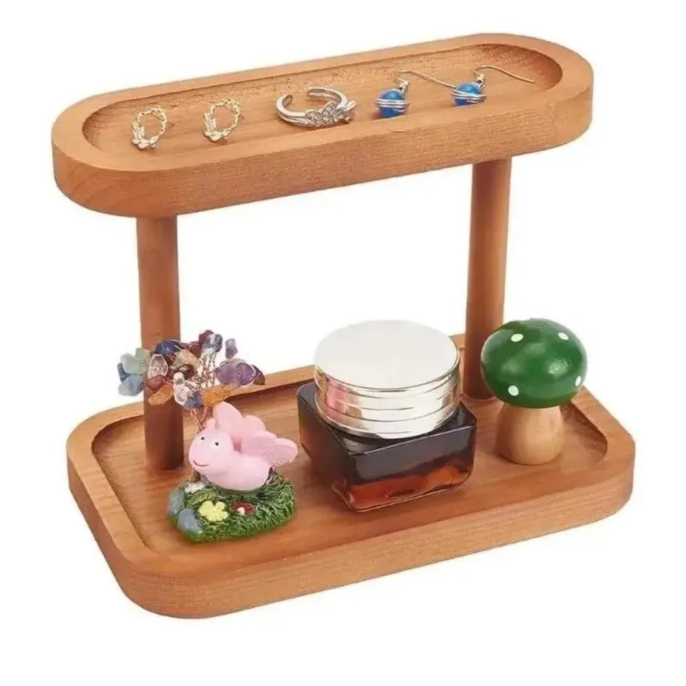 Wooden Double-Layer Tray Storage Rack – Desktop Cosmetics, Jewellery & Key Organiser